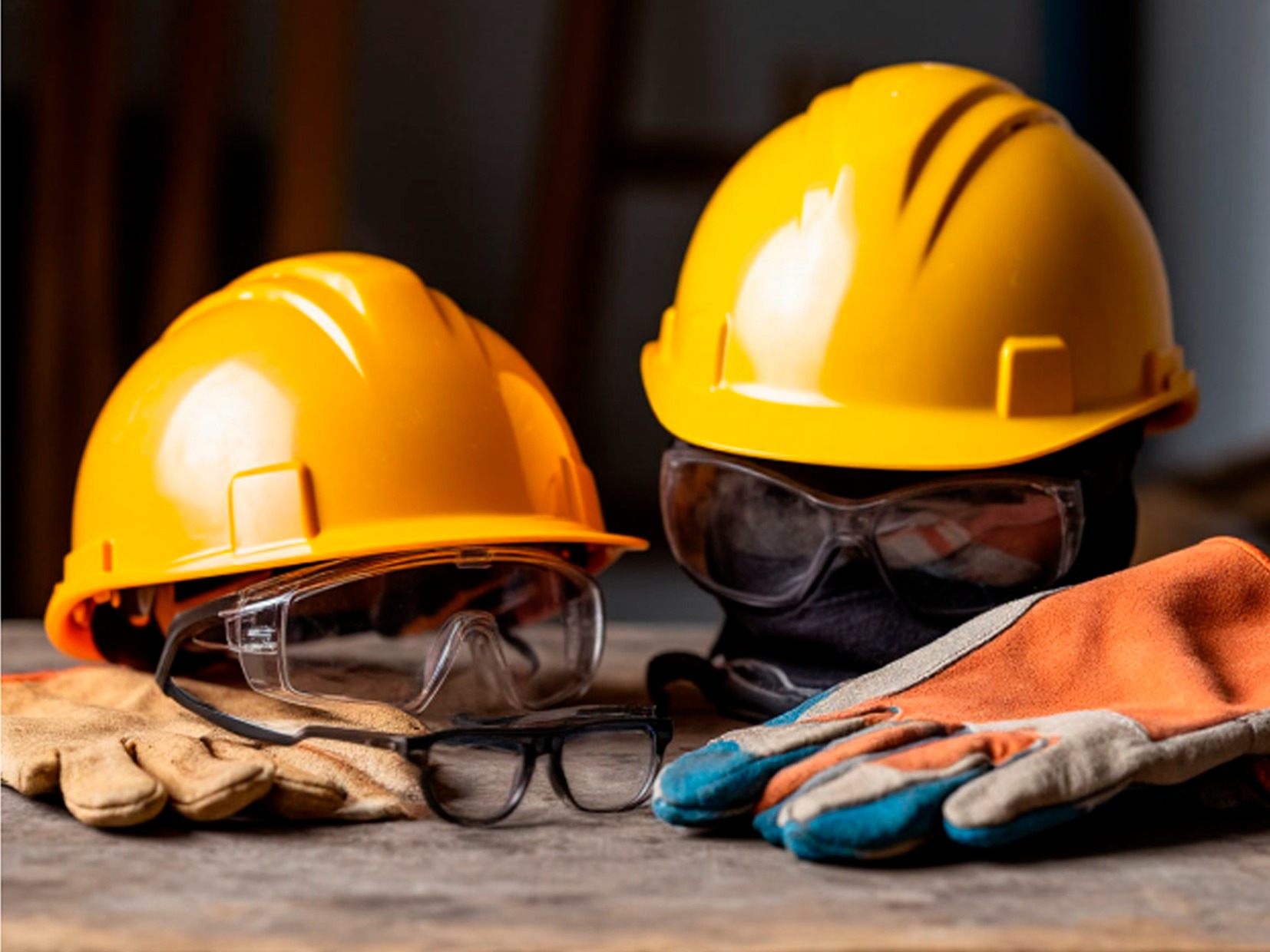 на фото каска строительная, очки и перчатки лежат на столе.